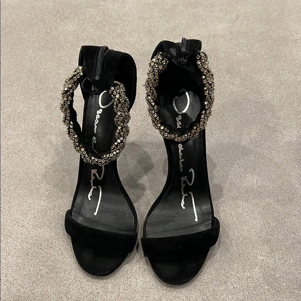 Oscar de la renta Black Crystal-Ankle Strap Heels